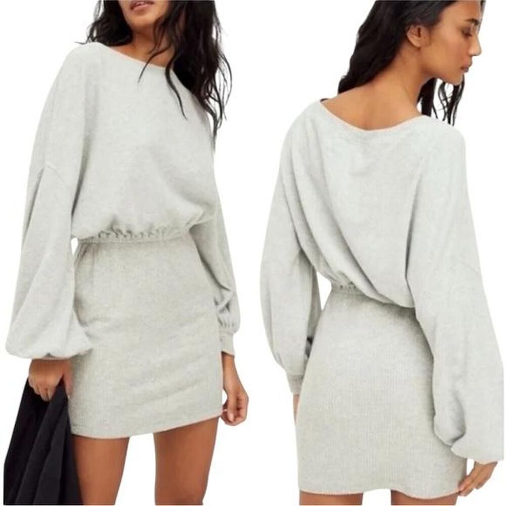 Women's Light Gray Knit Balloon-Sleeve Mini Dress